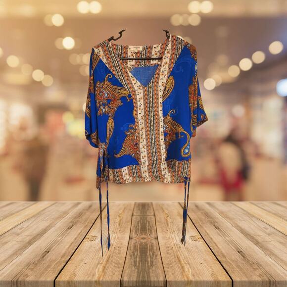 Umgee Blue Print Lightweight Blouse VNeck S Small - Picture 1 of 3